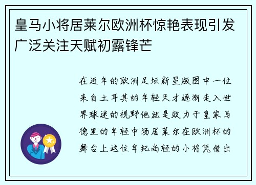皇马小将居莱尔欧洲杯惊艳表现引发广泛关注天赋初露锋芒
